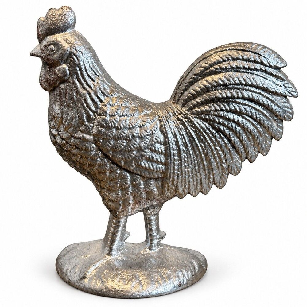 Cast Iron Rooster Doorstop Heavy Silver Tone Chicken Rustic Farmhouse Decor 7.5”